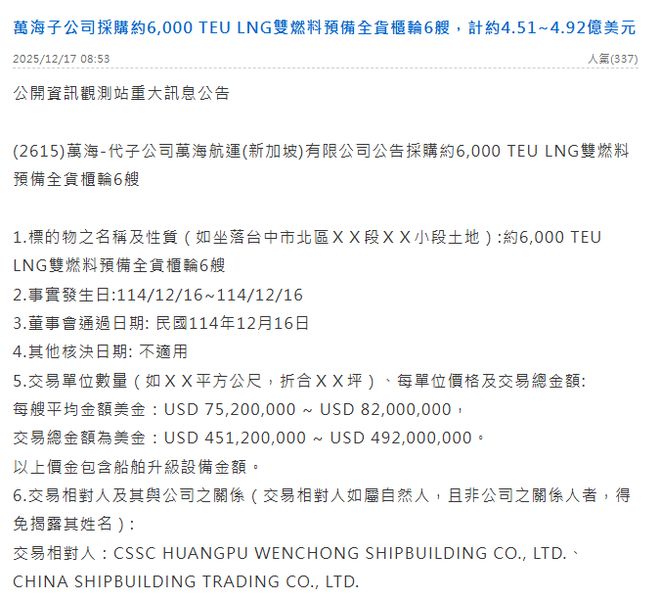 一心杀入全球Top10：万海再下单订造6